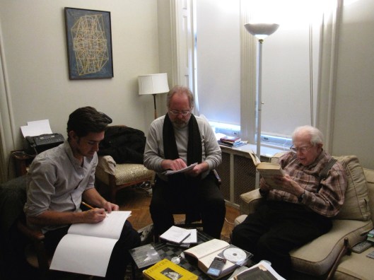 Evan Hughes, me, and Elliott Carter working On Conversing with Paradise, January 2010.