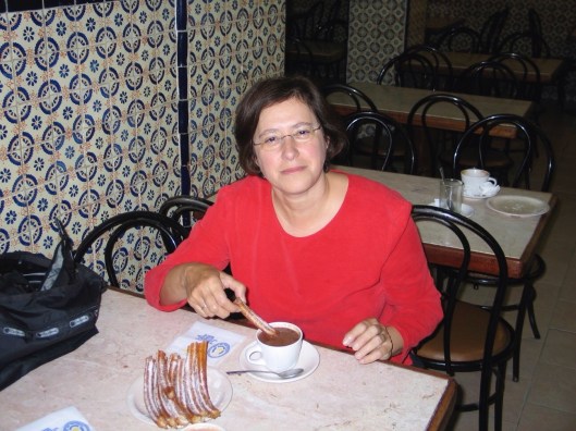 Jan having churros at a 24 hour chocolate shop in Mexico City in 2005.