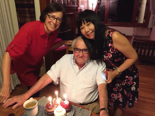 Jan and Joan wishing Bill a Happy Birthday in our Pasadena home.