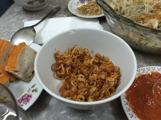 Fried shallots at a friend's house for lunch shows a French influence.