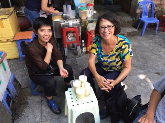 Kim and Jan enjoying a refreshing sugar cane juice.