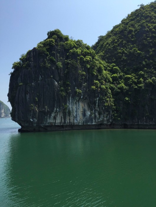 Karst rock up close amid deep green water.